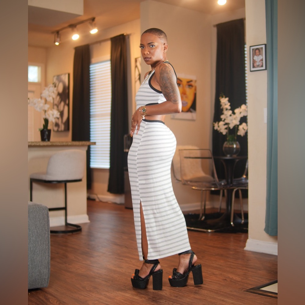 Striped White & Gray Sleeveless Maxi Dress with Side Slit Purchased NEVER WORN
